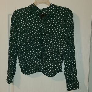 Abercrombie & Fitch Green Polka Dot Long Sleeve Twist Front Blouse